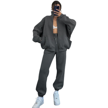 Autumn Winter Color Stand Collar Cardigan Long Sleeve Sweaters Clothing Trousers Suit