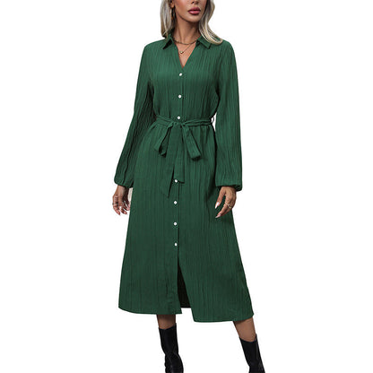 Autumn Long Sleeve Pleated Cardigan Dress Office Collared Shirt Dress