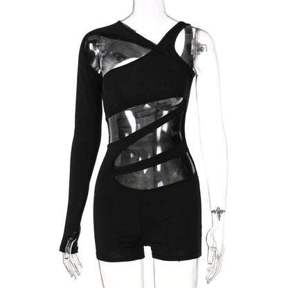 Clothing Summer Color Slim Hollow Out Cutout Shoulder Sleeve Romper