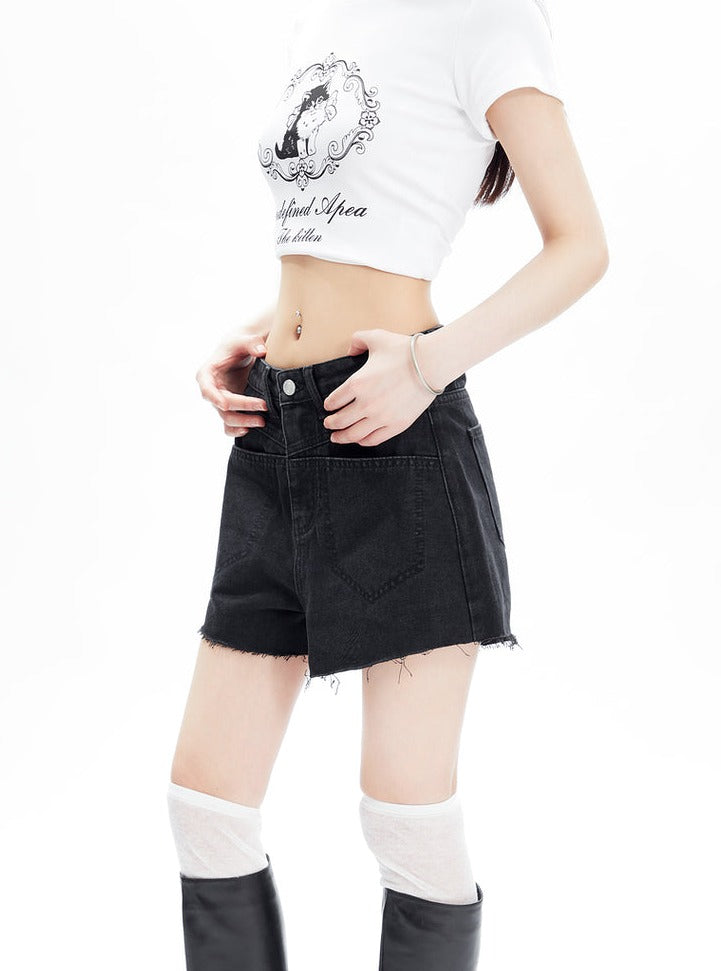 High-waisted Chevron Denim Shorts