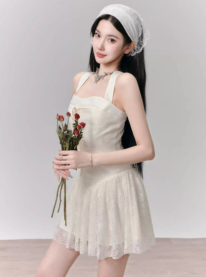 Romantic White Lace Halter Mini Dress With Front Tie