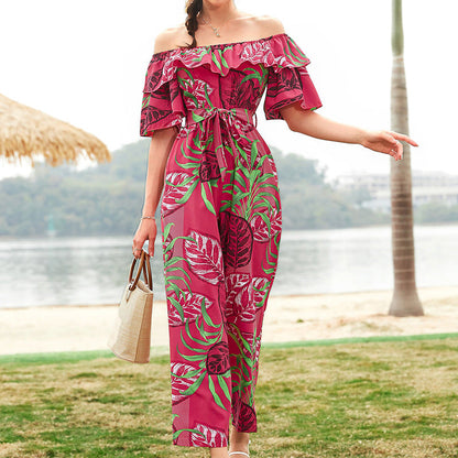 Clothing Off-shoulder Jumpsuit Summer Short Sleeve Chiffon Vacation Beach Jumpsuit