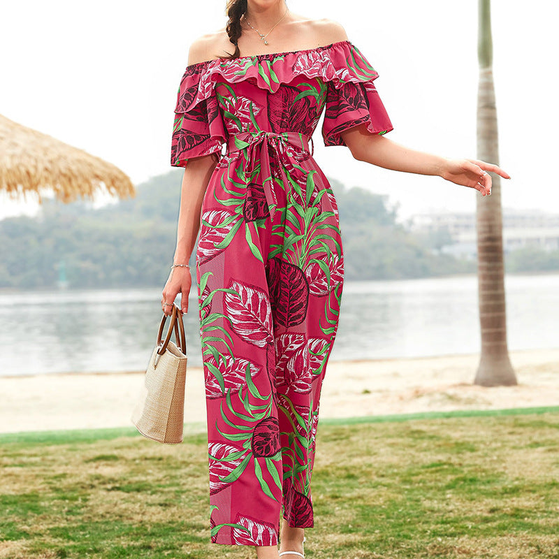 Clothing Off-shoulder Jumpsuit Summer Short Sleeve Chiffon Vacation Beach Jumpsuit