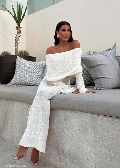 Lumière - Off-shoulder Shimmer Knit Maxi Dress