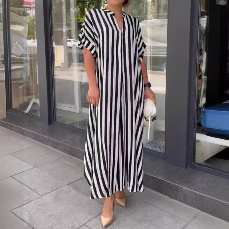 Self Designed Striped Print Spring Summer Split Large Swing Maxi Dress