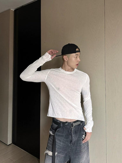Weave Studio White Long Sleeve Slim Fit T-shirt - Lightweight Crew Neck Cotton Tee