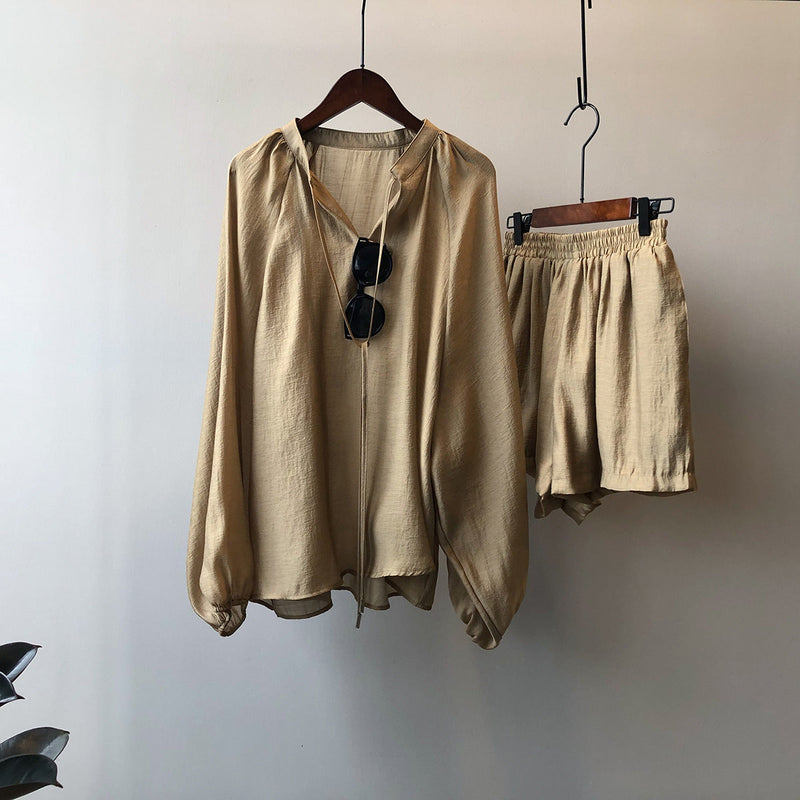 Summer Long Sleeve Shirt Wide Leg Shorts