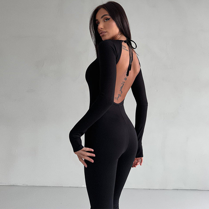 Clothing Winter Backless Lace Up Color Slim Fit Long Sleeves Jumpsuit
