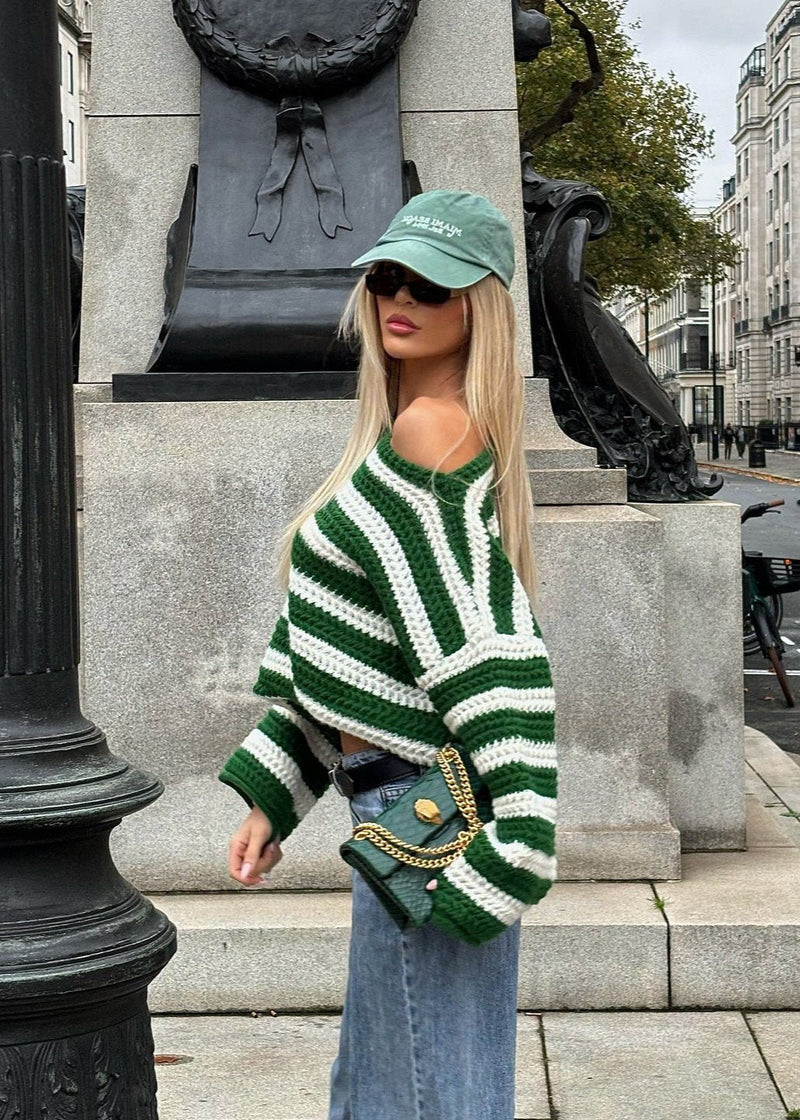 Striped Off-shoulder Knit Sweater
