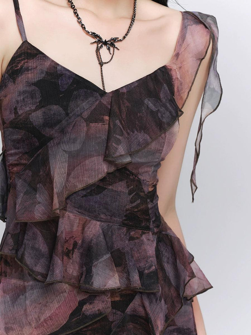 Ladyghost Dark Glamour Asymmetrical Maxi Dress - Sheer Print Ruffle Dress With High Slit