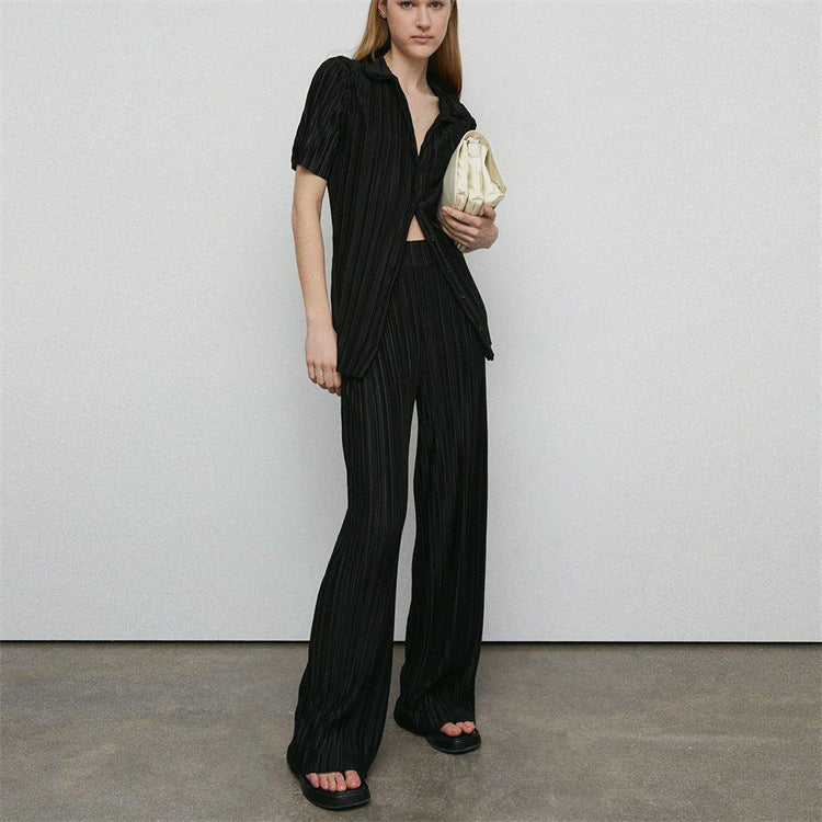 Summer Short Sleeve Loose Pleated Straight Leg Pants Two-piece Set Complex Set Collar Set