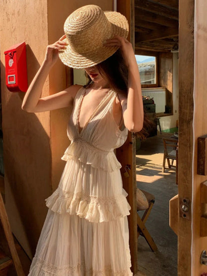 French Soft Ruffle Tiered Maxi Dress Cotton Linen Vacation Gown for Summer Gunne Sax Dress