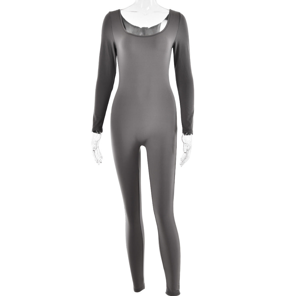 Soft High Elastic Long Sleeve Tights U Collar Stitching Trousers Jumpsuit