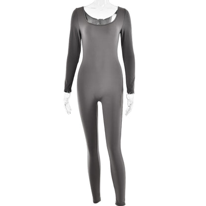 Soft High Elastic Long Sleeve Tights U Collar Stitching Trousers Jumpsuit
