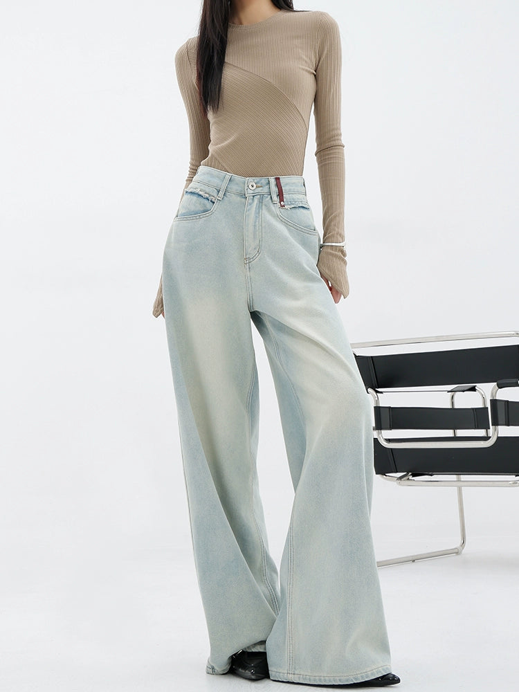 Light Blue Loose Straight Wide-leg Denim Pants With Embroidery Design