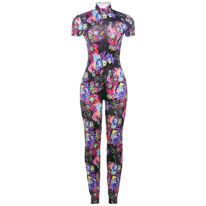 Spring Backless Skinny Personalized Printed Short Sleeved Jumpsuit Clothing