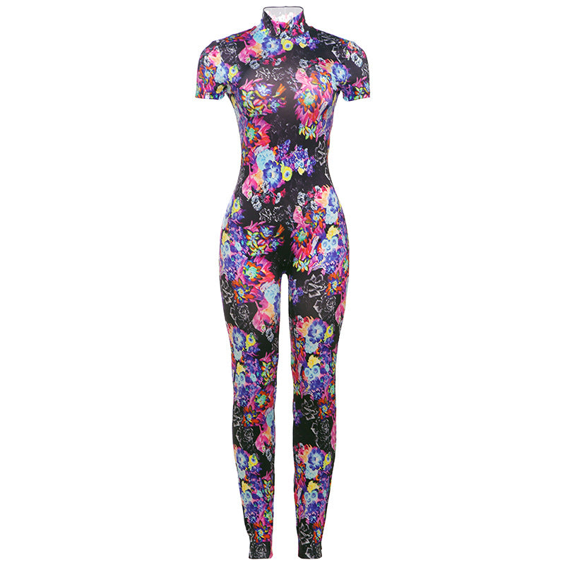 Spring Backless Skinny Personalized Printed Short Sleeved Jumpsuit Clothing