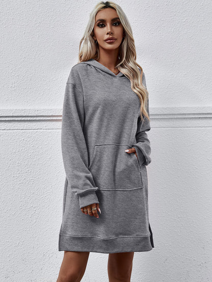Autumn Winter Clothing Hooded Long Sleeve Kangaroo Pocket Split Long Sweater Dress