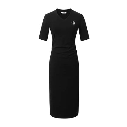 Sleek V-neck Midi Dress: Figure-hugging Bodycon With Elbow-length Sleeves in Heather Gray and Black