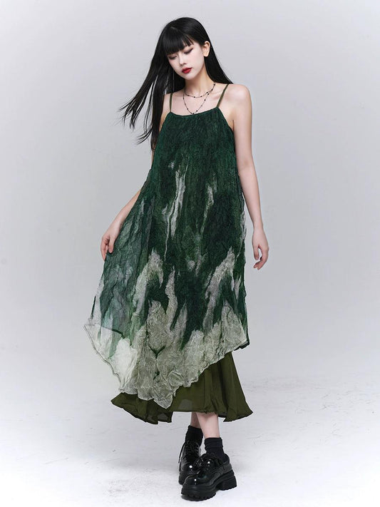 Ladyghost Forest Sprite Layered Maxi Dress - Green Ombre Tie-dye Slip Dress With Asymmetrical Hem