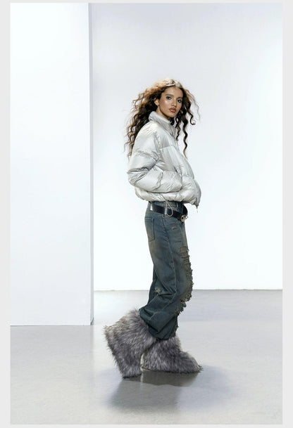 Strike a Pose Cropped Puffer Jacket - Pastel Quilted Down Coat With Zip Front and Ruched Pockets