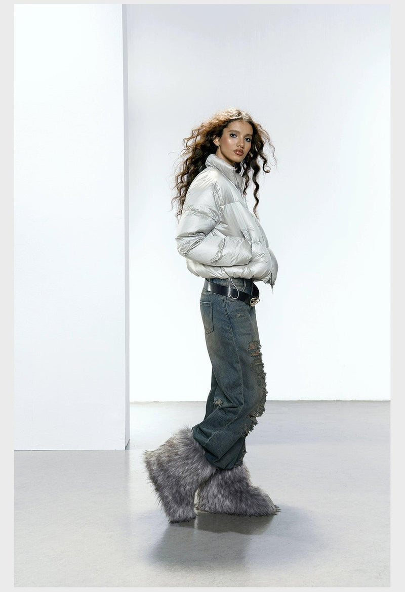 Strike a Pose Cropped Puffer Jacket - Pastel Quilted Down Coat With Zip Front and Ruched Pockets