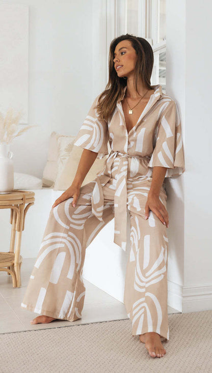 Printing Collared Five Quarter Sleeve Belt Long Jumpsuit