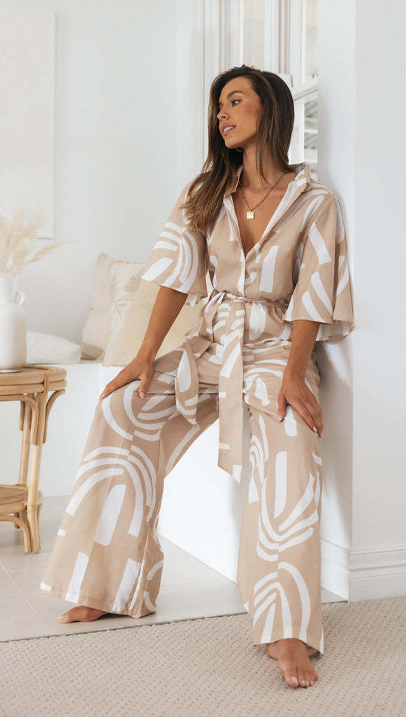 Printing Collared Five Quarter Sleeve Belt Long Jumpsuit