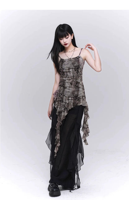 Ladyghost Grunge Fairy Asymmetrical Cami Dress - Tie-dye Ruched Mini Dress With Ruffle Hem