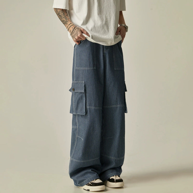 Pinstriped Wide-leg Cargo Utility Pants