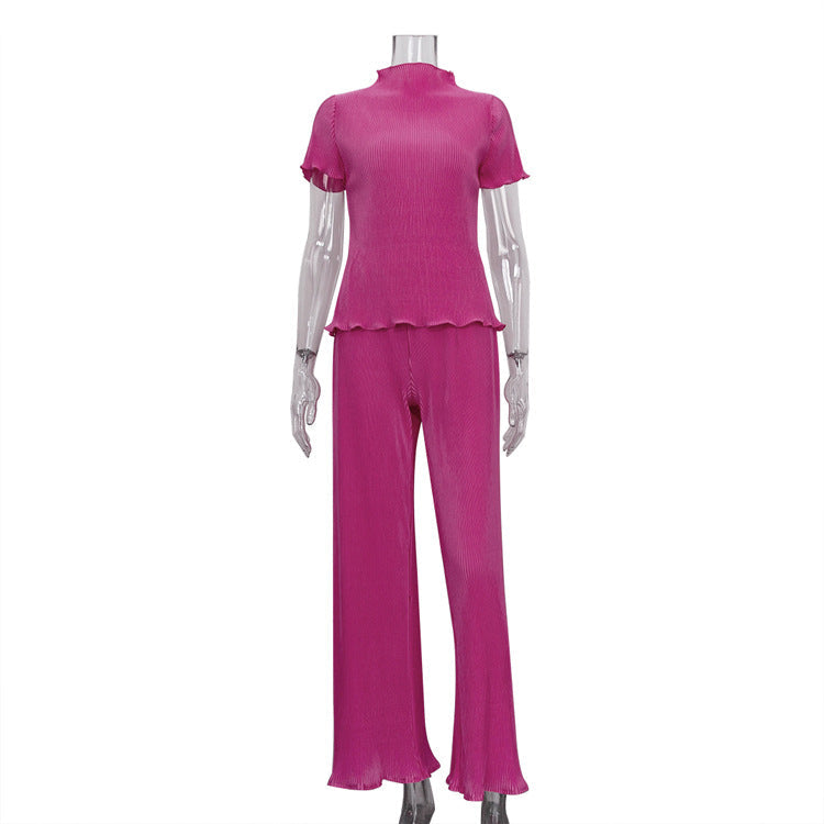 Spring Slimming T Shirt High Waist Blue Pleated Wide Leg Pants Clothing Suit