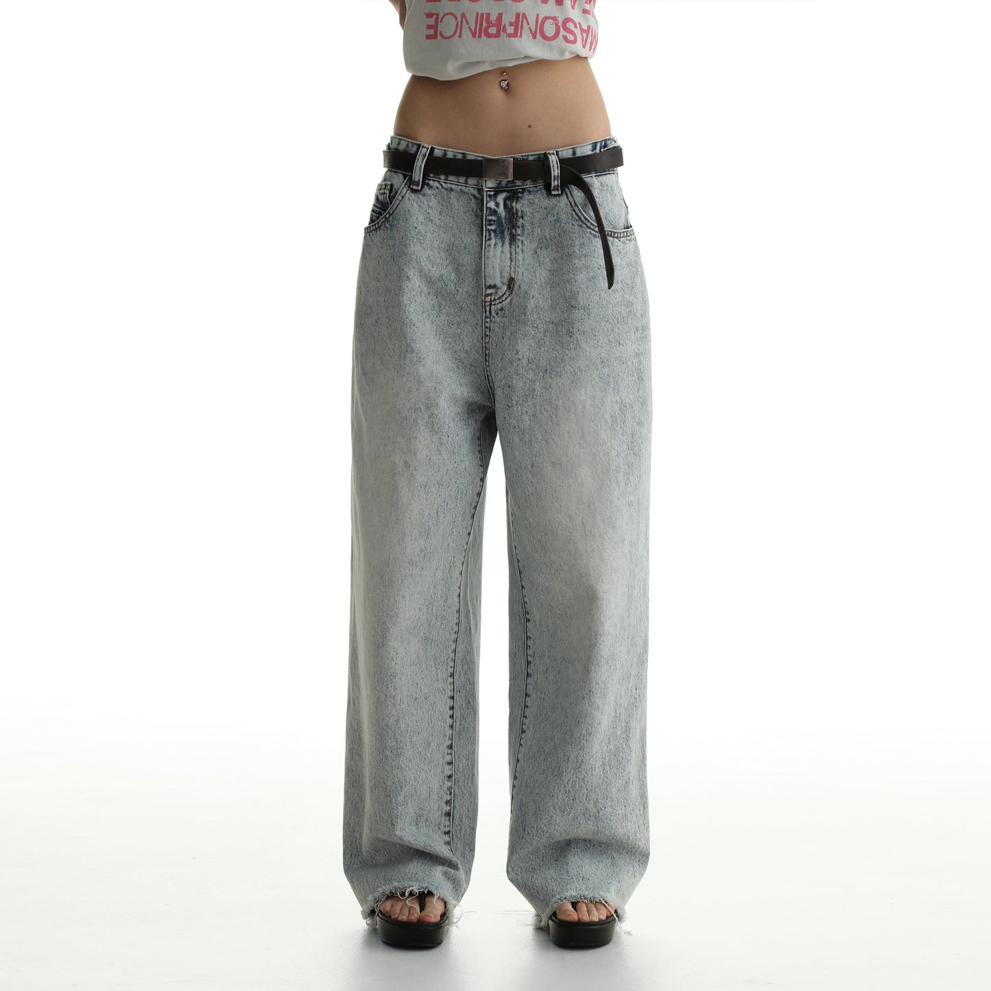 Denim Shorts & Jeans Set With Faded Raw Edges
