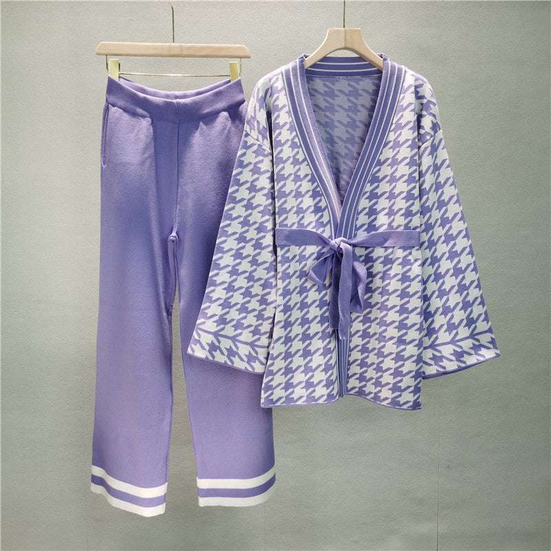 Purple - Mid-length Knitted Cardigan Two Piece Set