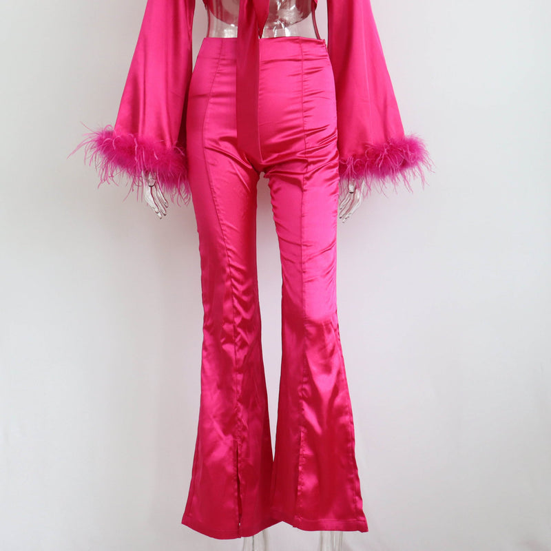 Satin Set Feather V Neck Patchwork Lace Up Short Top Hip Skirt Slit Pants