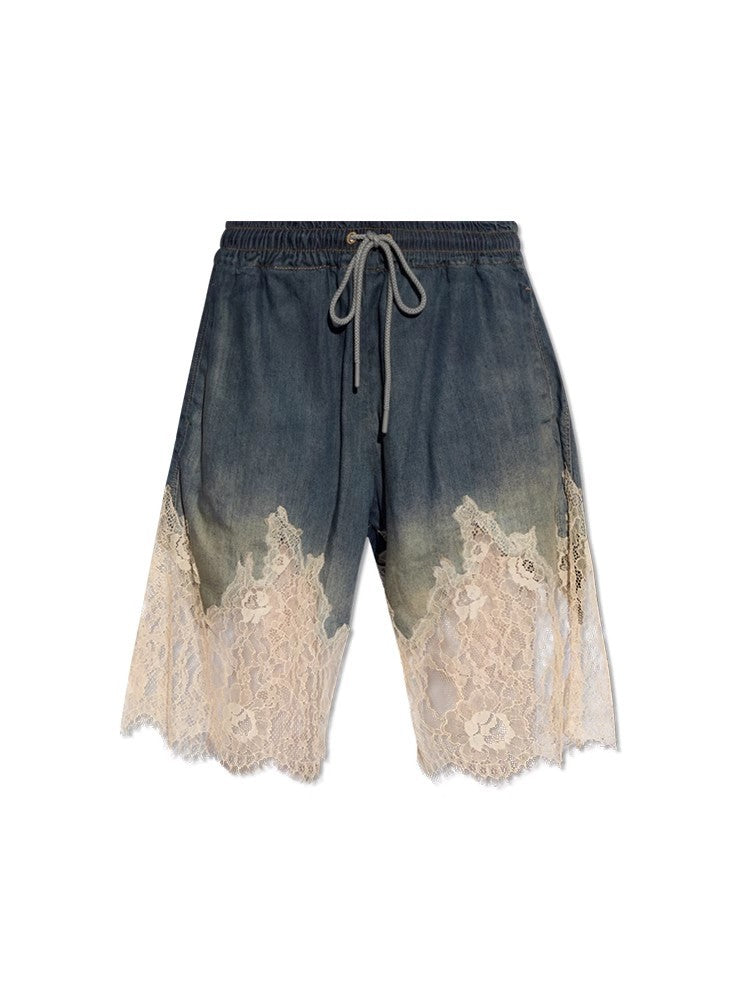 Personality Denim Two Piece Set Summer Drag Sister Lace Stitching Soft Surface Denim Suspender Shorts Sets