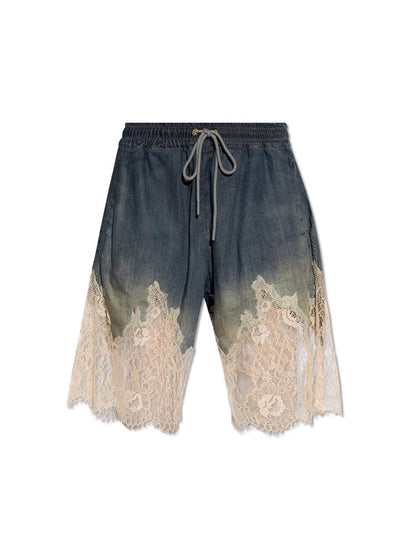 Personality Denim Two Piece Set Summer Drag Sister Lace Stitching Soft Surface Denim Suspender Shorts Sets