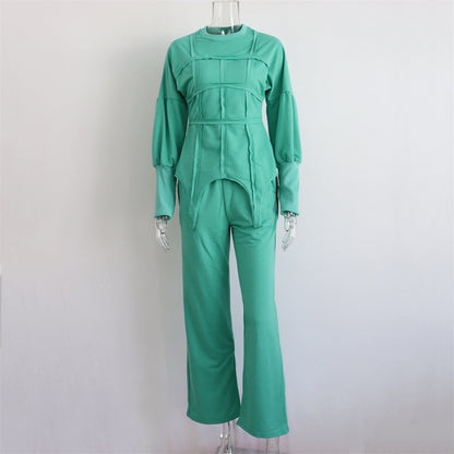 Color Hoodie Sets Round Neck Pullover Top Split Straight Pants Two Piece Sets