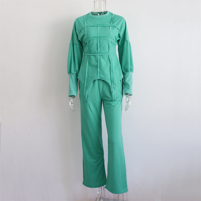 Color Hoodie Sets Round Neck Pullover Top Split Straight Pants Two Piece Sets