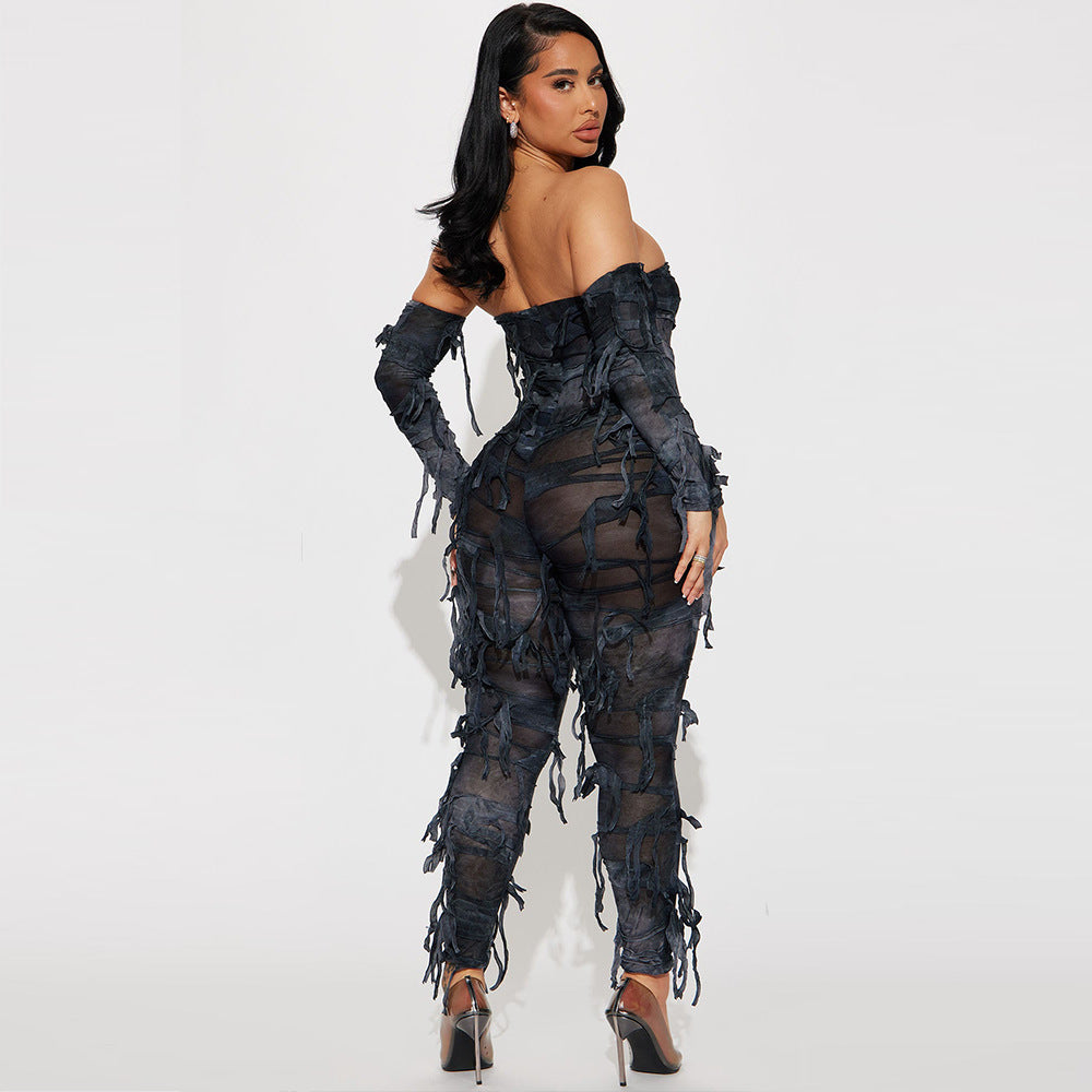 Autumn Tie Dyed Tassel Bandeau Backless Ice Sleeve Jumpsuit for