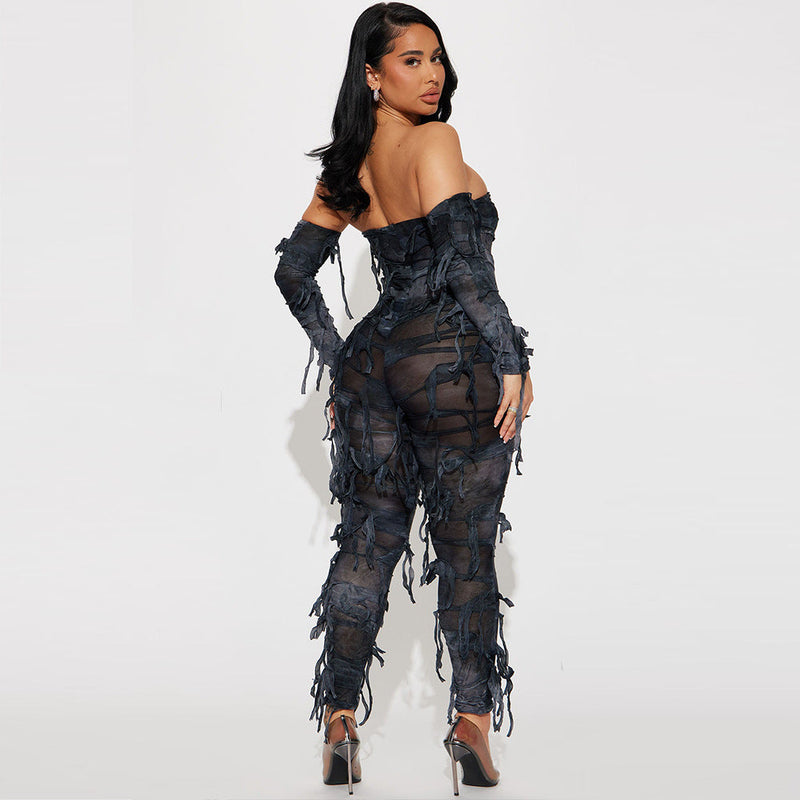 Autumn Tie Dyed Tassel Bandeau Backless Ice Sleeve Jumpsuit for