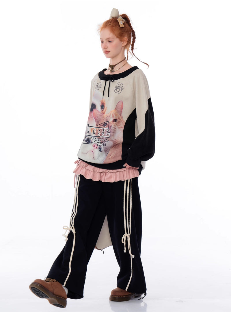Cat and Dog Print Two-tone Sweatshirt