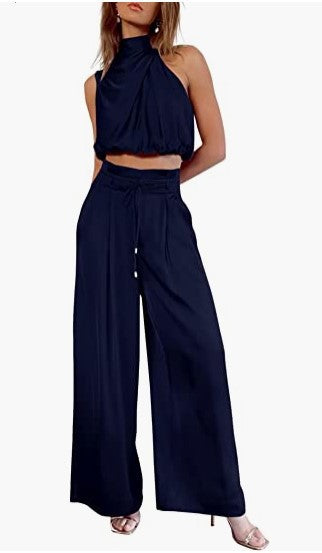 Sleeveless Collar Two Piece Sets Wide Leg Pants Summer Cropped Top