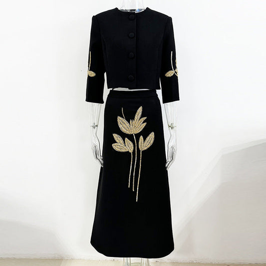 Heavy Industry Beads Three Quarter Sleeve Jacket Coat Mid Length Skirt Set