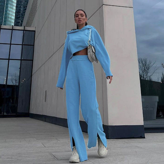 Short Cropped Hooded Long Sleeve Sweater Set Loose Split Elastic Waist Pants Loose Edge Wear Tide