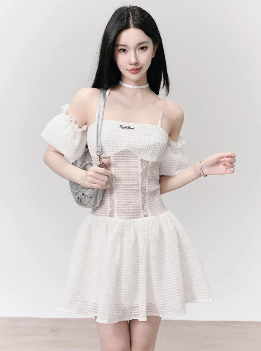 White Eyelet Lace Off-shoulder Mini Dress With Choker Neck Detail