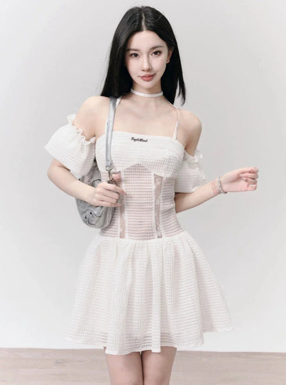 White Eyelet Lace Off-shoulder Mini Dress With Choker Neck Detail