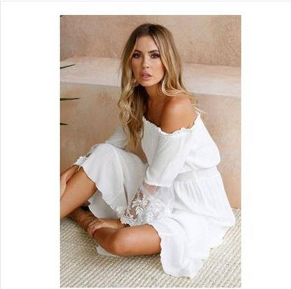 Off Shoulder Lace Patchwork Flared Sleeves Dress Maxi Dress