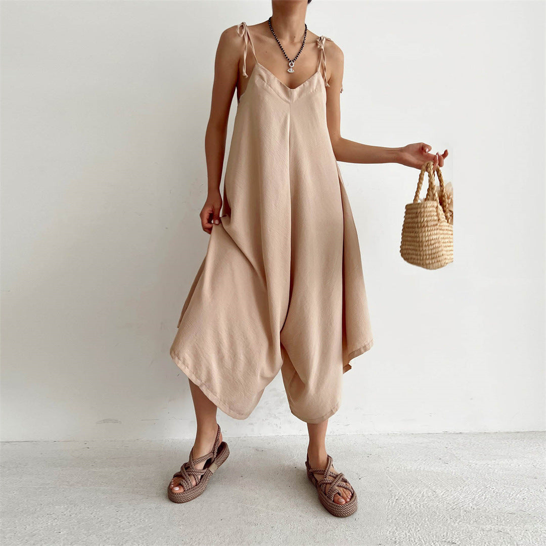 Summer Color Overalls Loose Fitting Wide Leg Trousers Sling Backless Sleeveless Jumpsuit