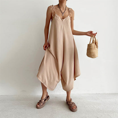 Summer Color Overalls Loose Fitting Wide Leg Trousers Sling Backless Sleeveless Jumpsuit