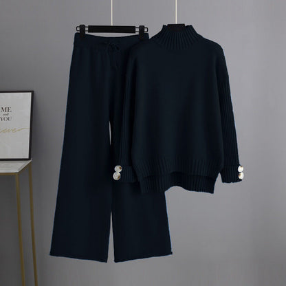 Autumn Winter Knitting Suit Semi-high Collar Sweater Thickened Outer Wear Loose Two Piece Set